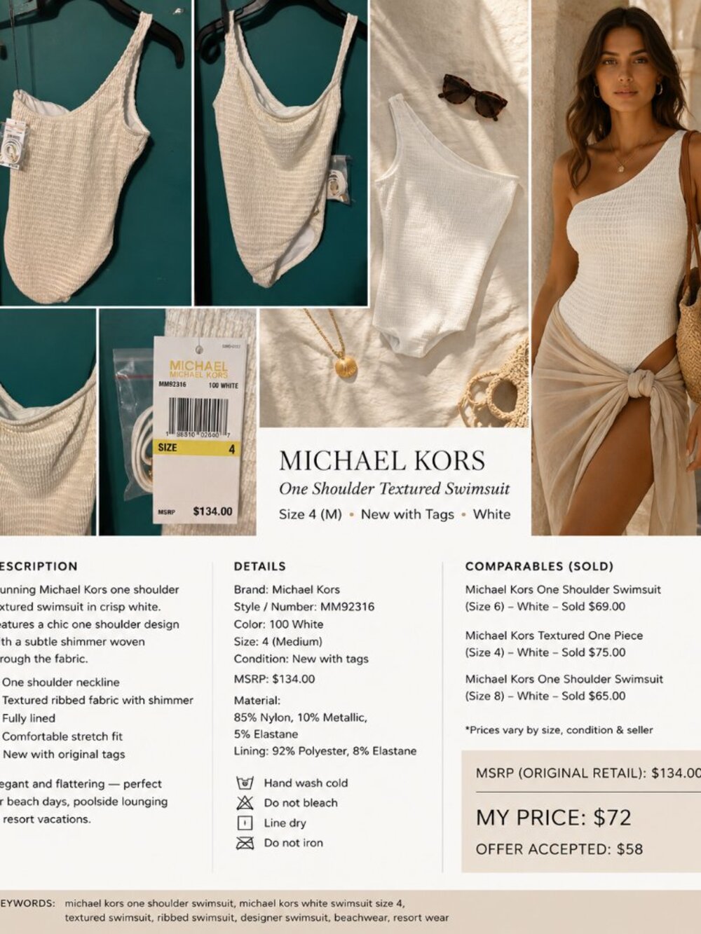 Michael Kors One-Shoulder Shimmer Crochet One-Piece Swimsuit
